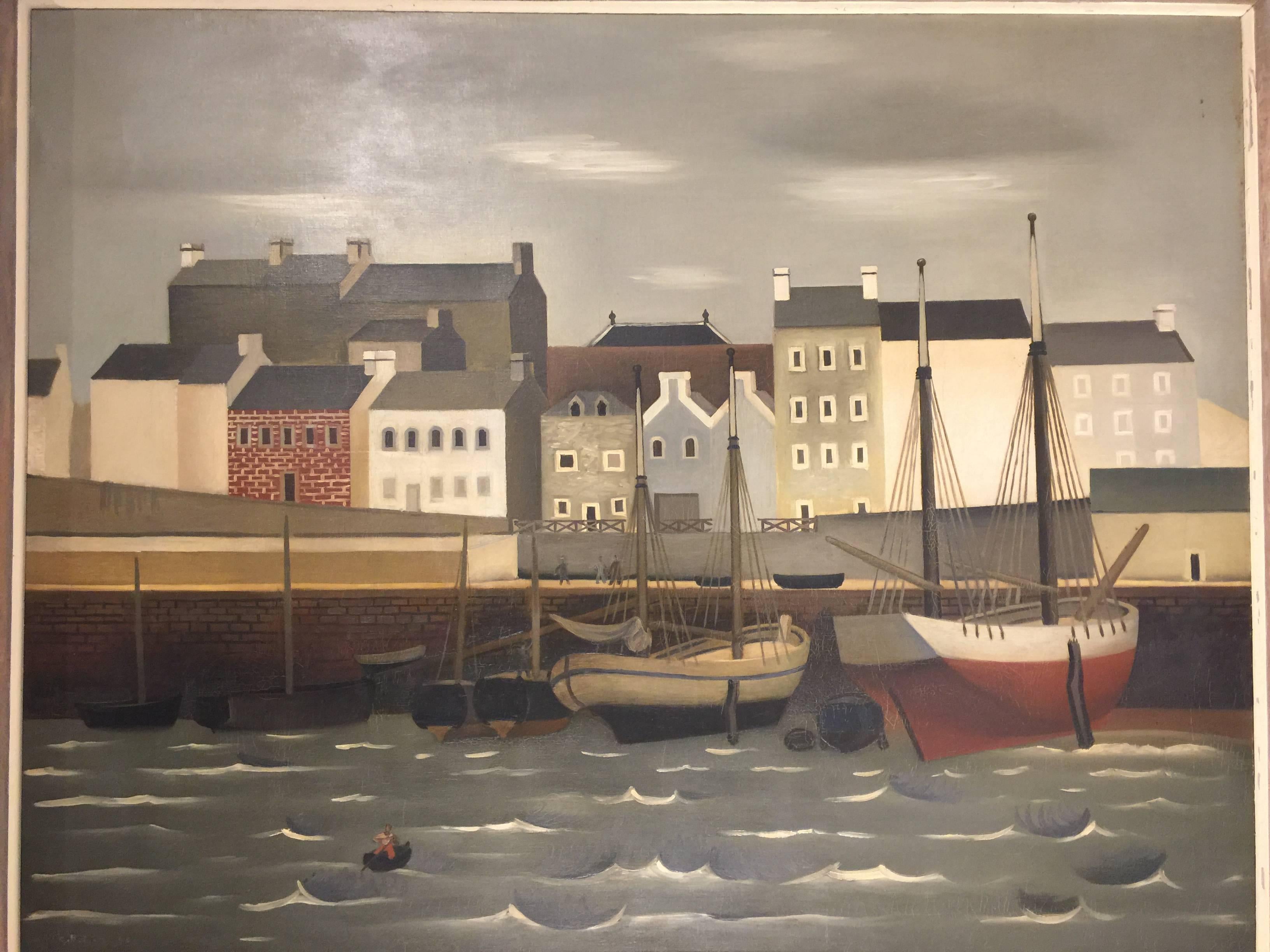 Large George’s Rohner harborscape painting. Oil on canvas, signed lower left in the paint. Masterful composition and atmospheric painting of a French seaport. Painted in 1945.