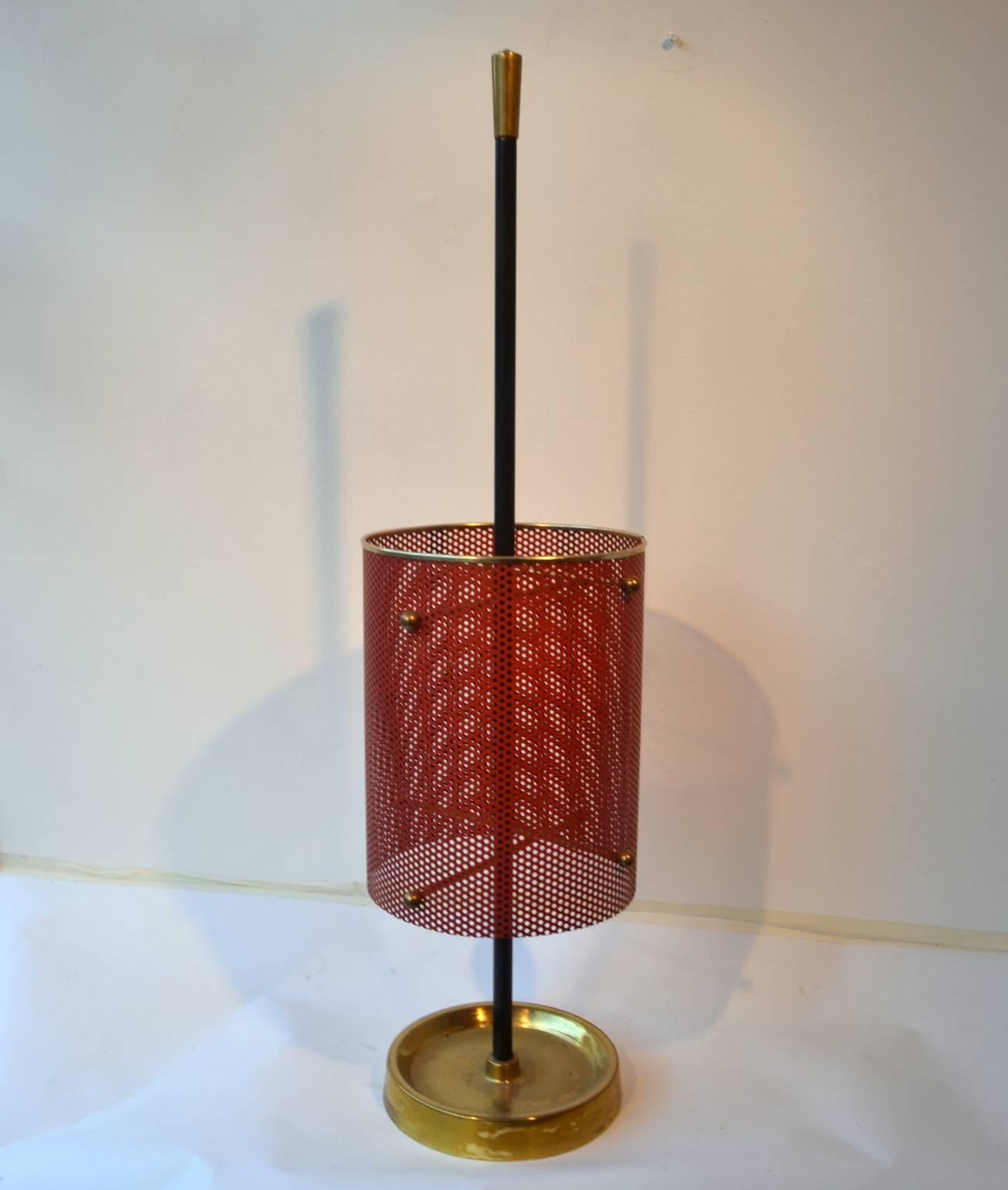 Mid-Century Modern 1950s Brass and Red Metal Umbrella Stand