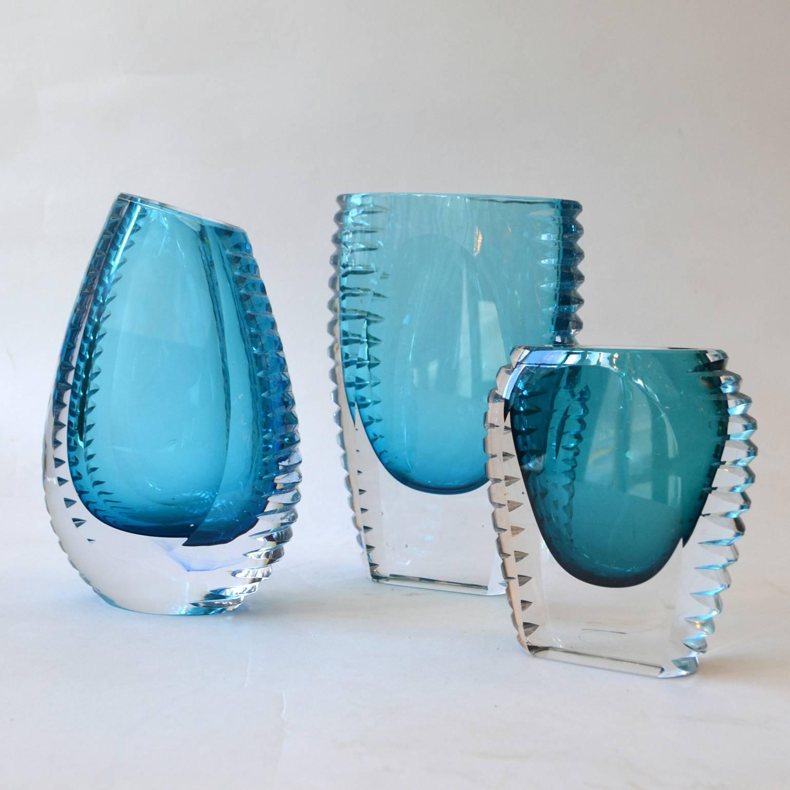 Mid-Century Modern 1970s Set of Three Turquoise Christal Cut Glass Vases