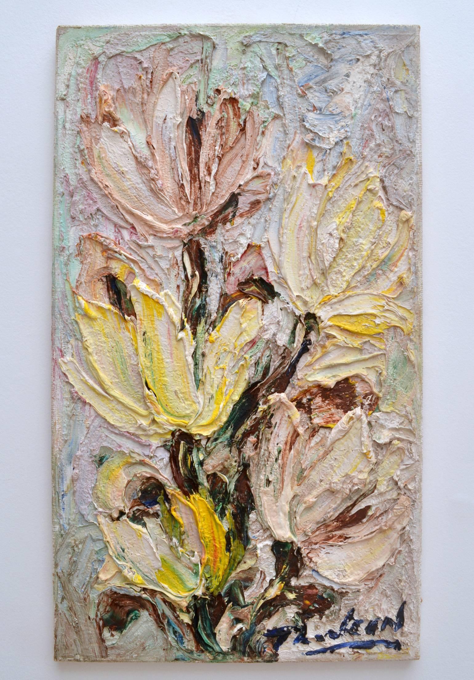 One of a pair of expressive tulip paintings in pastel colors with vibrant yellow, painted almost in a relief that makes the flowers tactile and lifely. This texture of the paint laid on thick remind me of the paintings by Frank Auerbach.
The