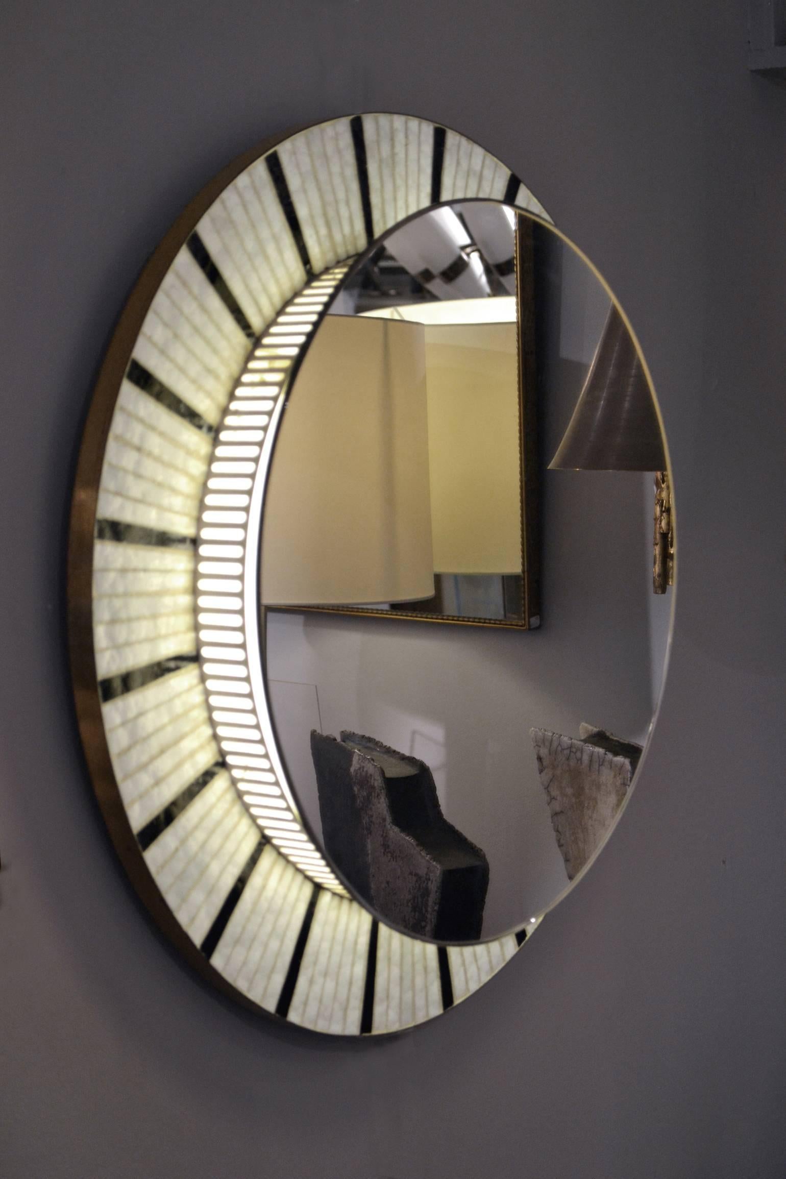 Inlay 1960s Illuminated Round Mirror Edged with Black and White Mosaic