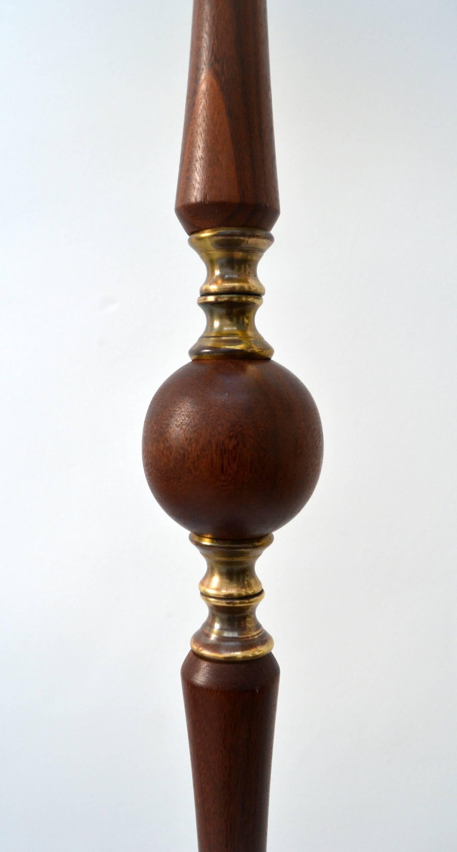 Mid-Century Modern Floor Lamp Teak and Brass with Black Silk Shade