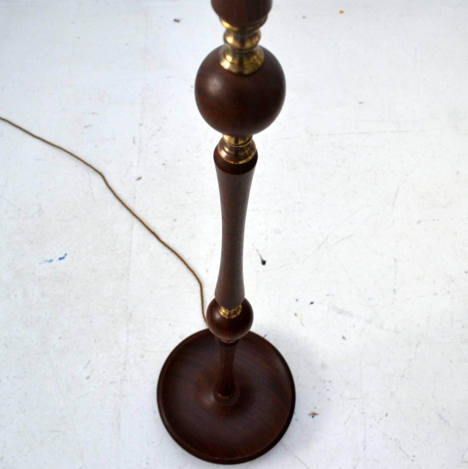 Floor Lamp Teak and Brass with Black Silk Shade In Excellent Condition In London, GB