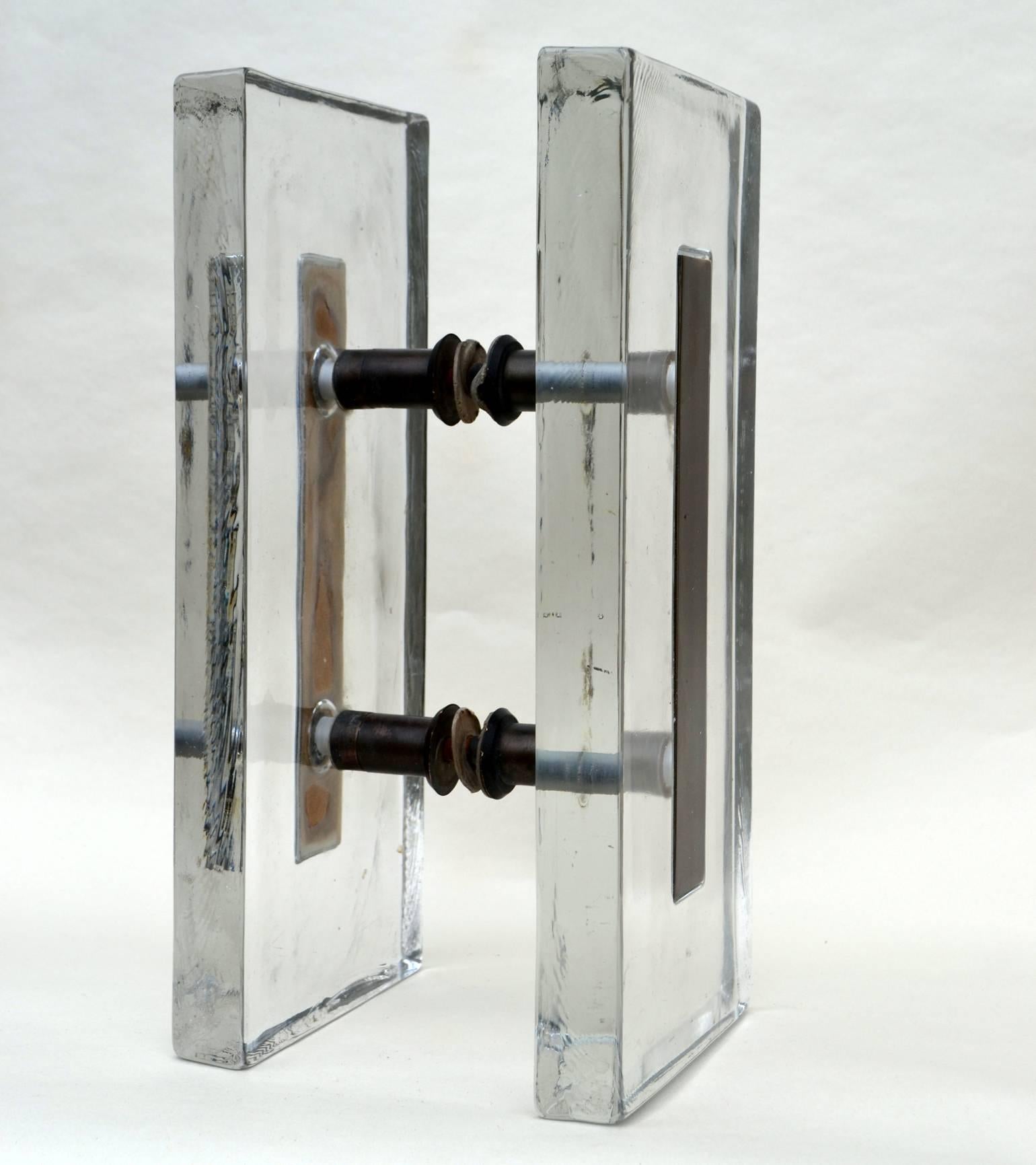 Mid-Century Modern Double Pair of Large Clear Glass and Bronze Push and Pull Door Handles