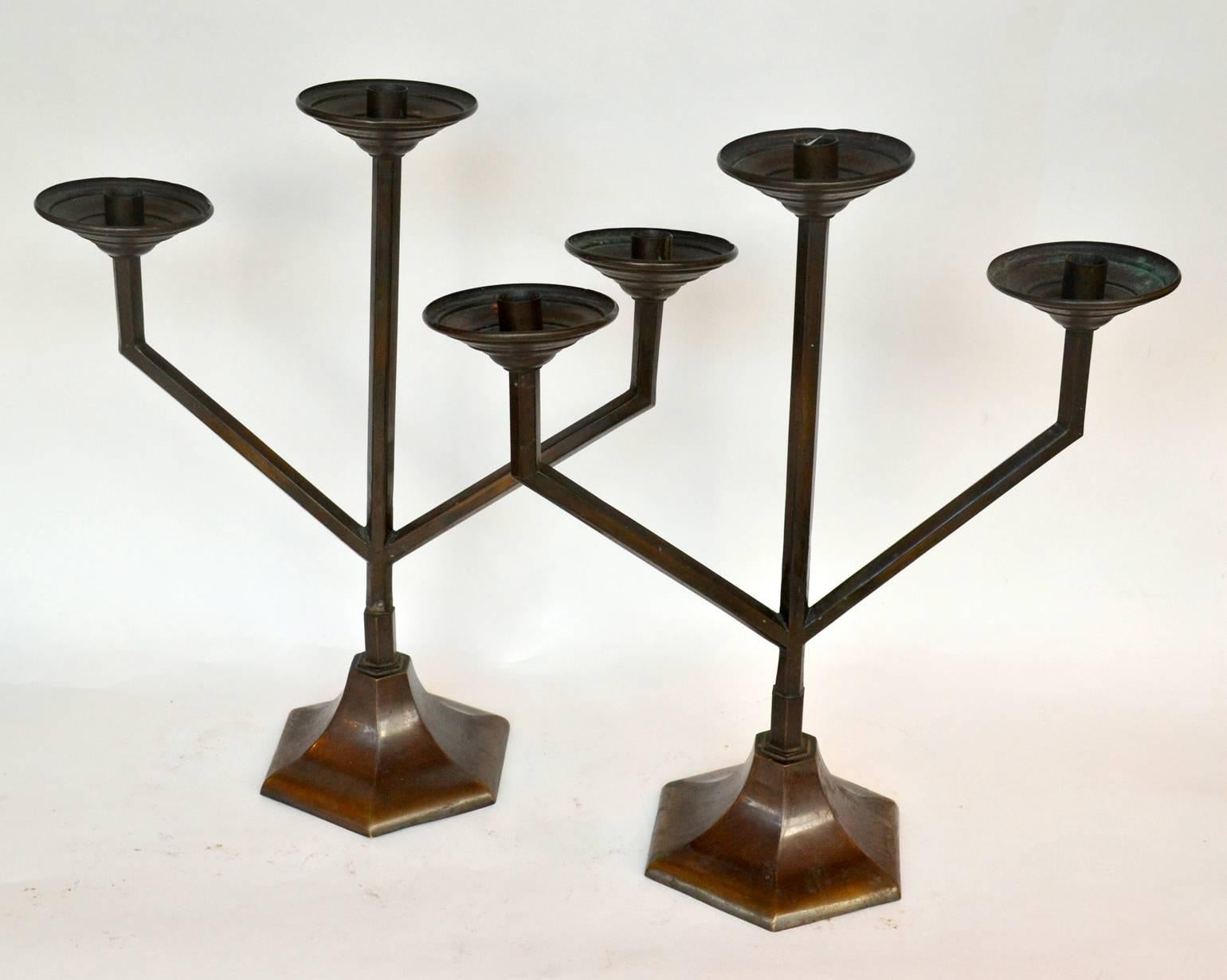 Art Deco 1930's Pair of Modernist Dutch Triple Arm Candle Holders