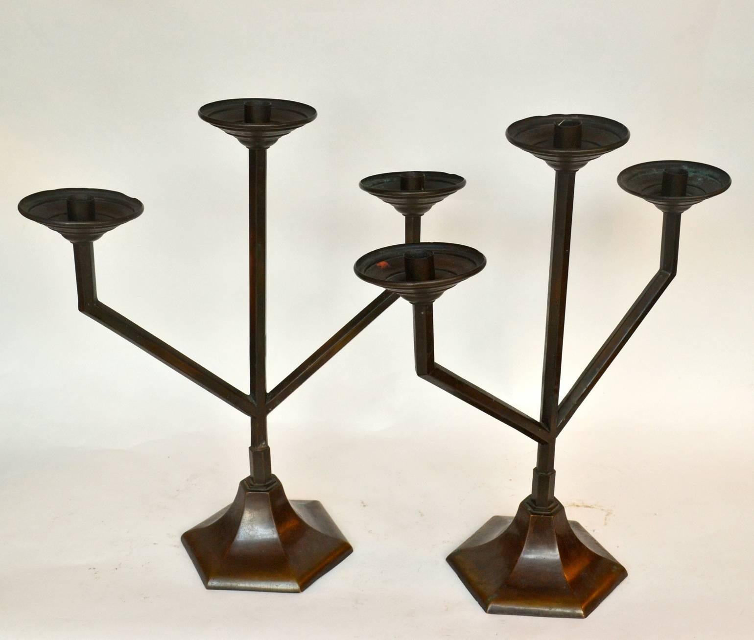 1930's Pair of Modernist Dutch Triple Arm Candle Holders 1