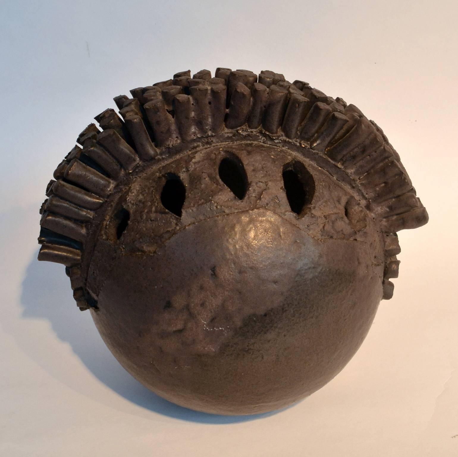 1960s Brutalist Ball Shape Ceramic Abstract Sculpture with Black Glaze In Excellent Condition In London, GB