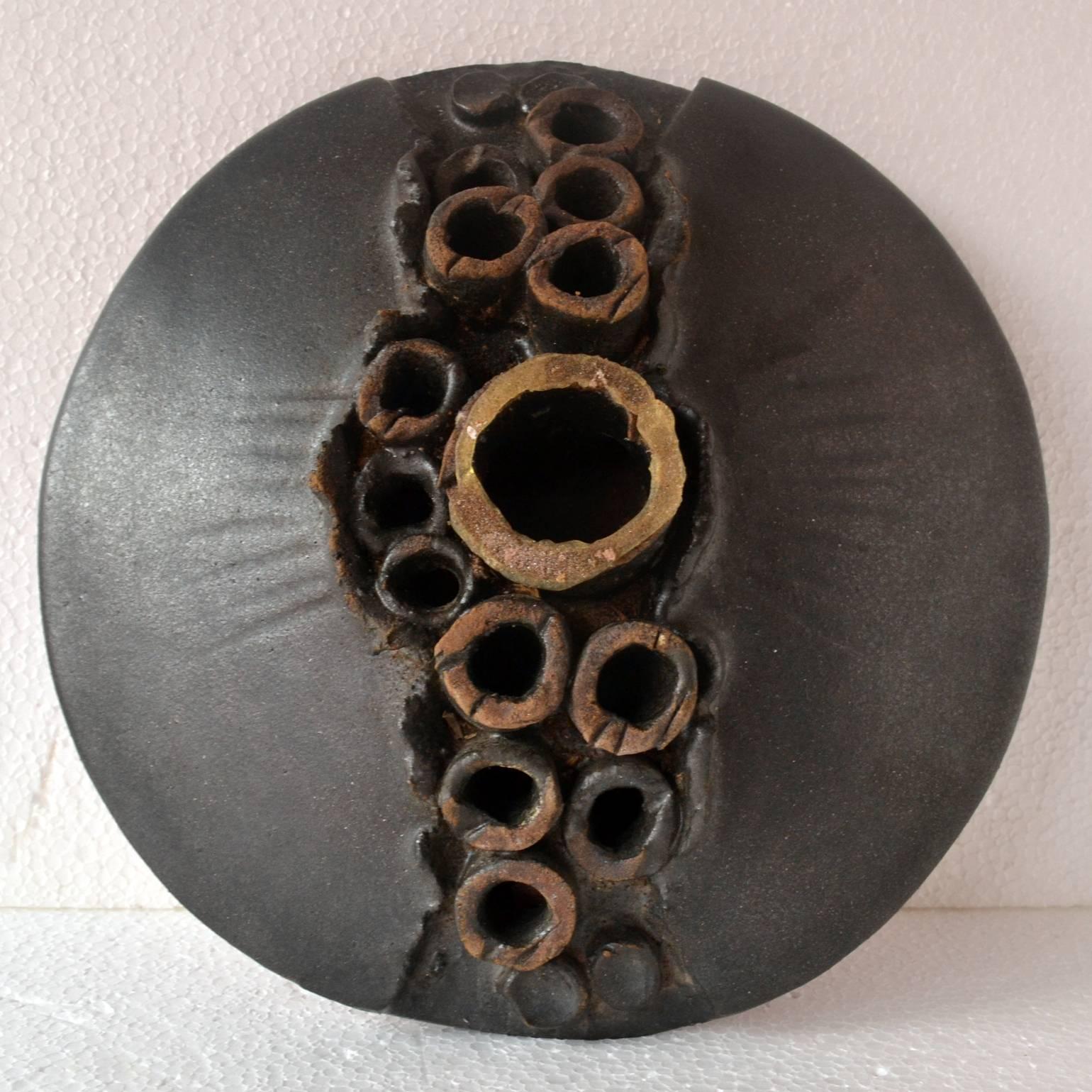 Brutalist Round Ceramic Abstract Sculptural Vase with Black Glaze 3