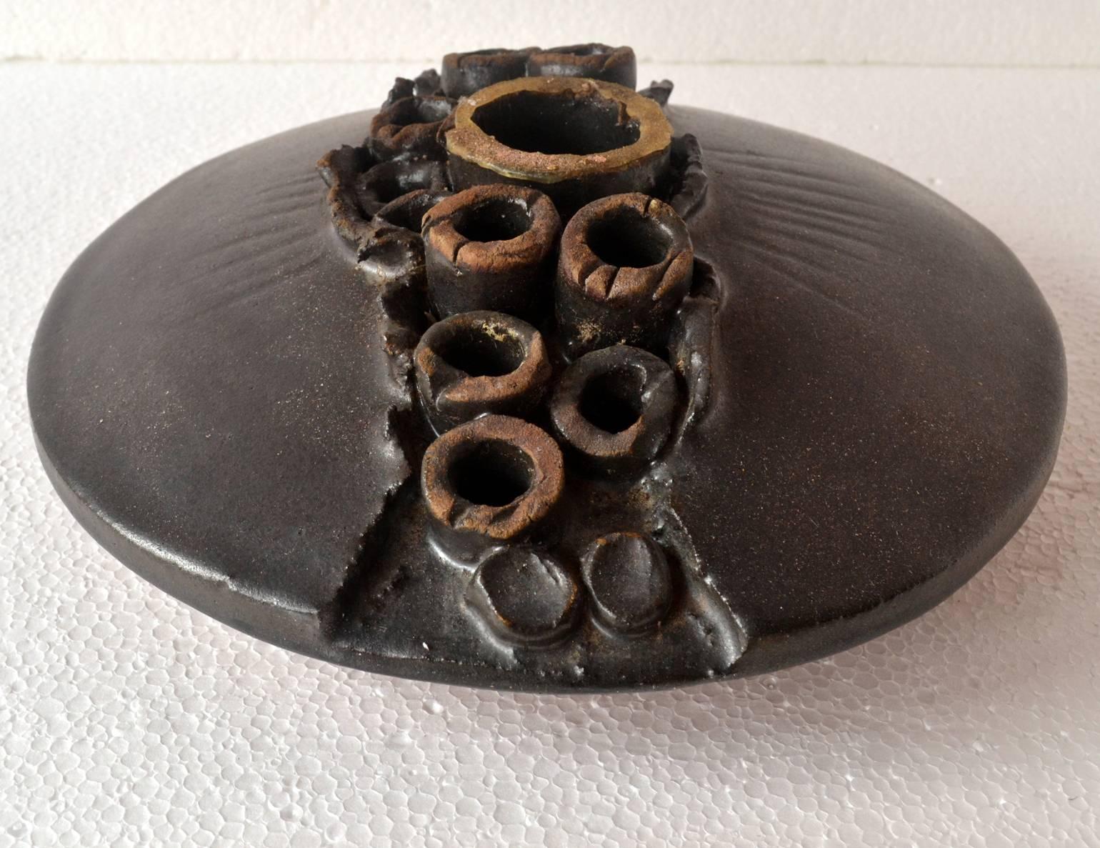 Brutalist Round Ceramic Abstract Sculptural Vase with Black Glaze 2