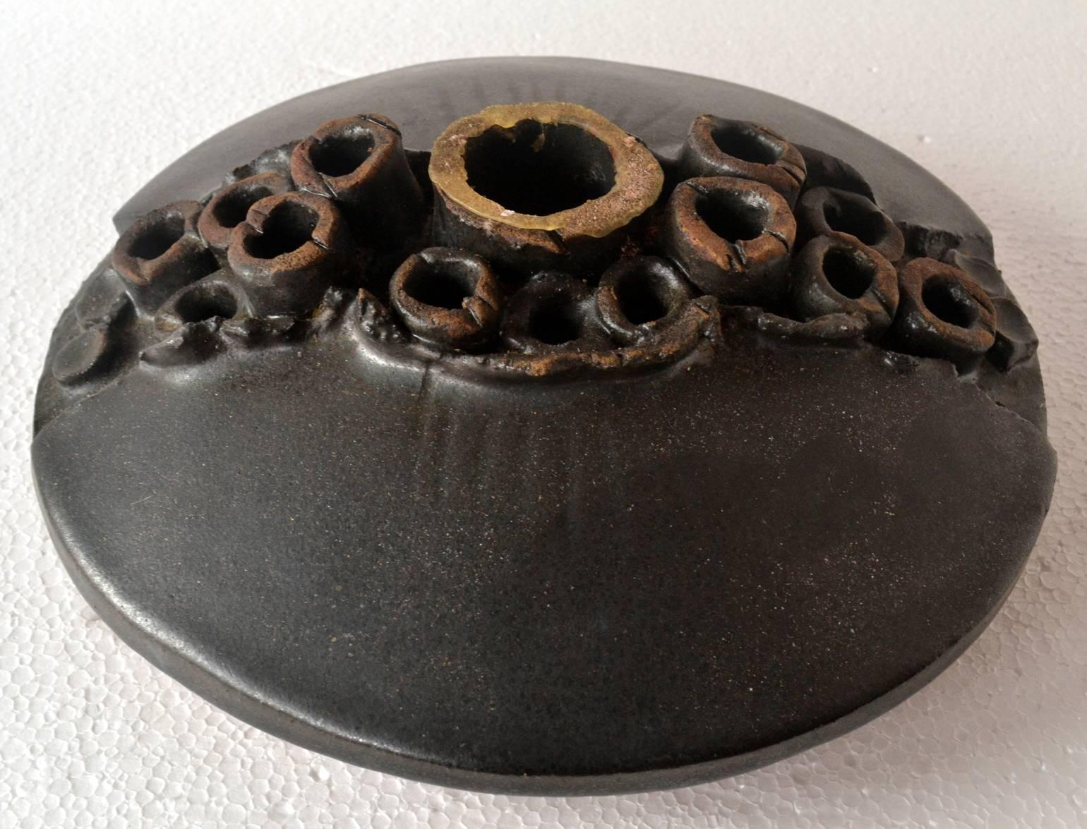Brutalist Round Ceramic Abstract Sculptural Vase with Black Glaze 1