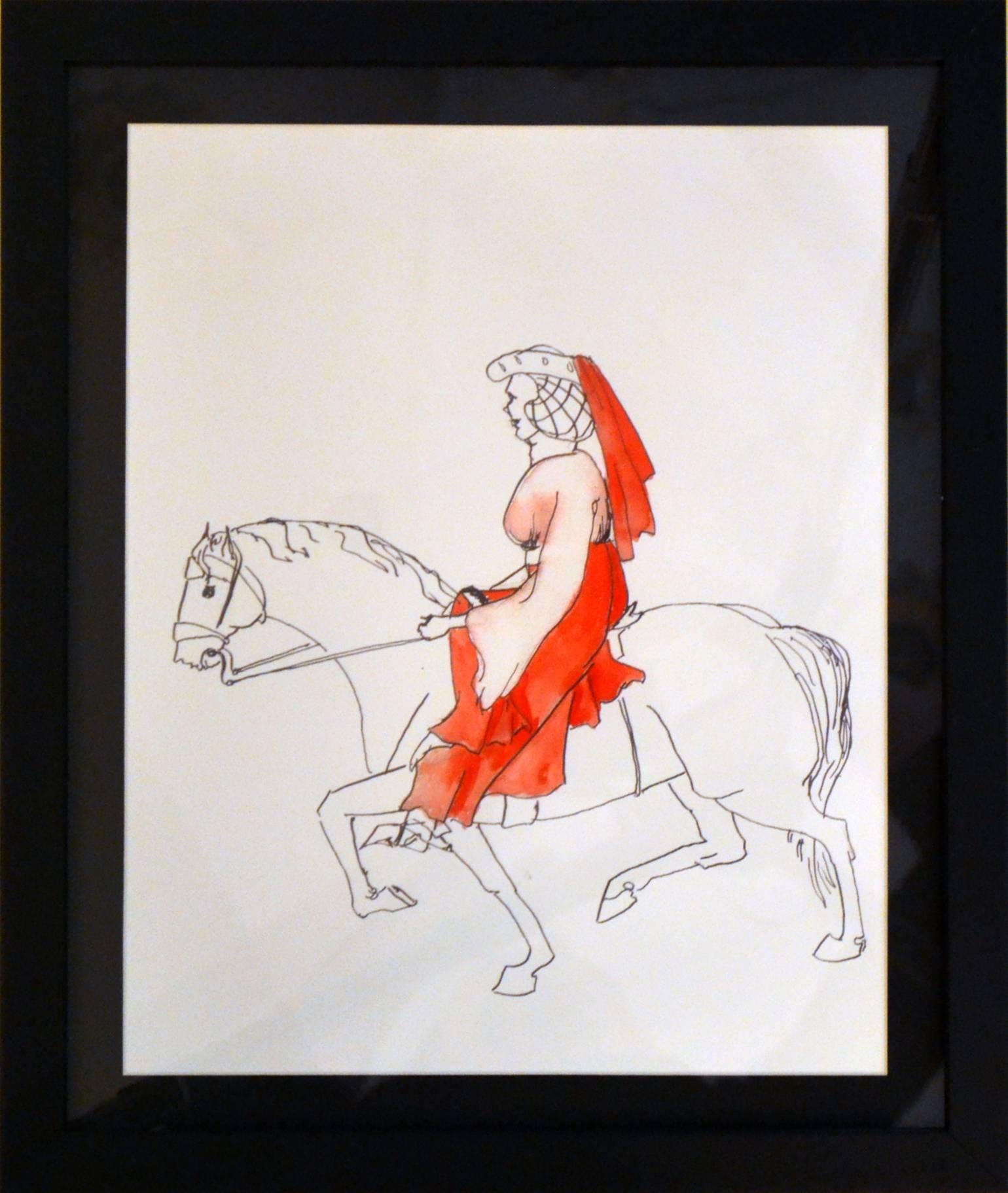 Five pencil drawings with partial watercoloring of characters from the medieval period traveling on horseback. The drawings have strong resemblance to the pilgrims who journey like in Geoffrey Chaucer's 'Canterbury Tales', 1387-1400.
They are newly