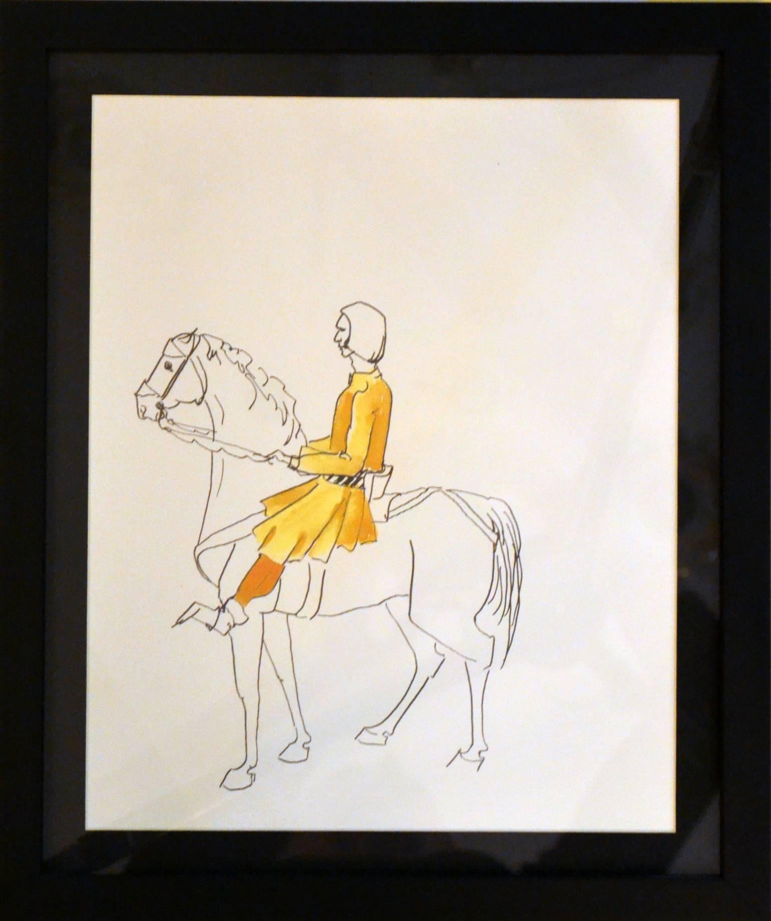Four pencil drawings with partial watercoloring of characters from the medieval period traveling on horseback. The drawings have strong resemblance to the pilgrims who journey like in Geoffrey Chaucer's 'Canterbury Tales', 1387-1400.
They are newly