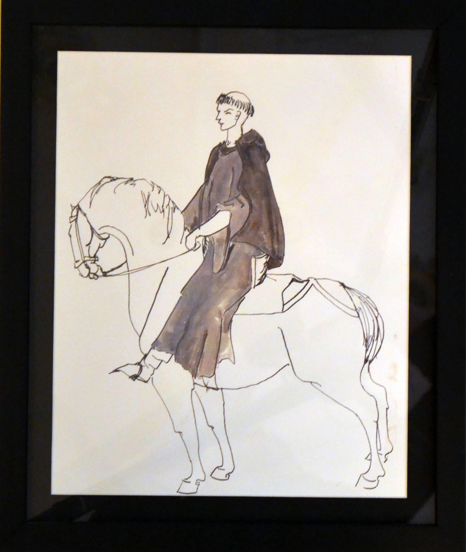 European Four Gothic Drawings of Medieval Riders on Horseback from the 'Canterbury Tales'