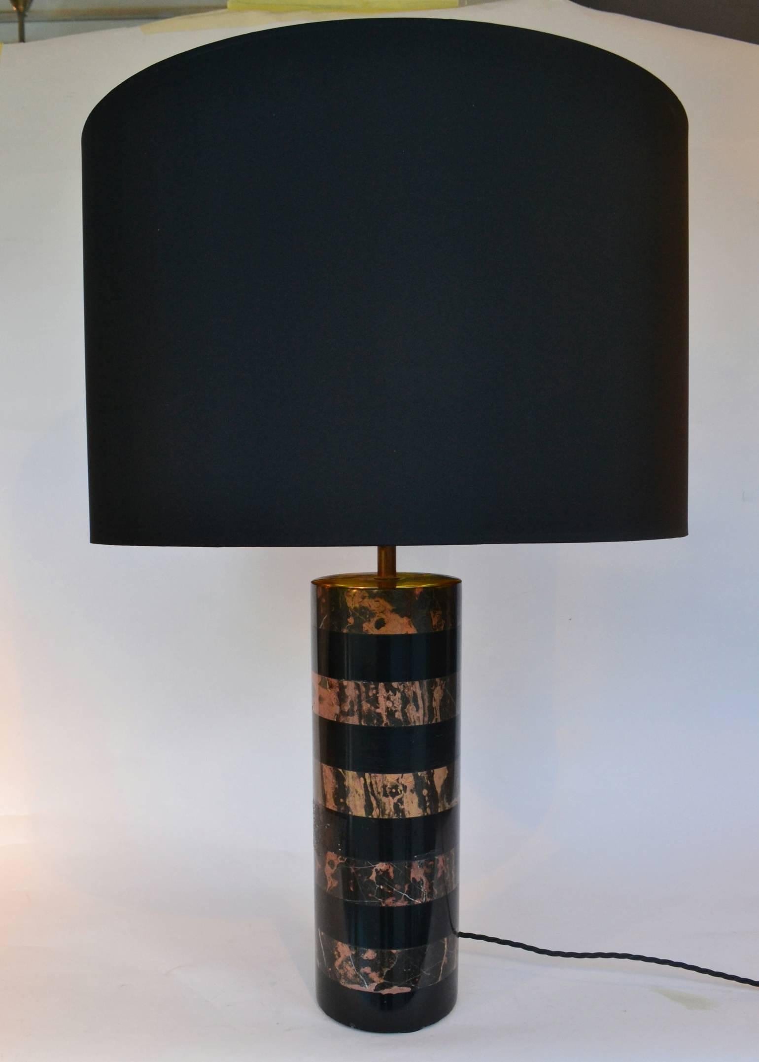 1970's Pair of Layered Old Pink & Black Marble Cylinder Table Lamps 2