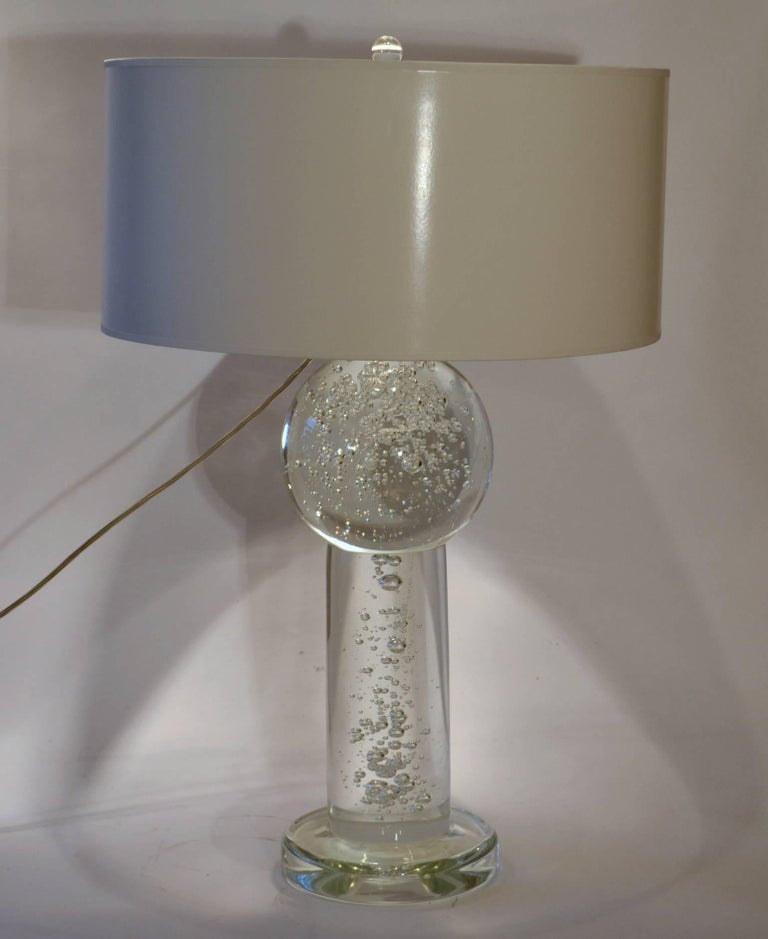 Large Pair Of Solid Clear Glass Table Lamps With Air Bubbles And Large Pair Of Solid Clear Glass Table Lamps With Air Bubbles And White Shades In Excellent