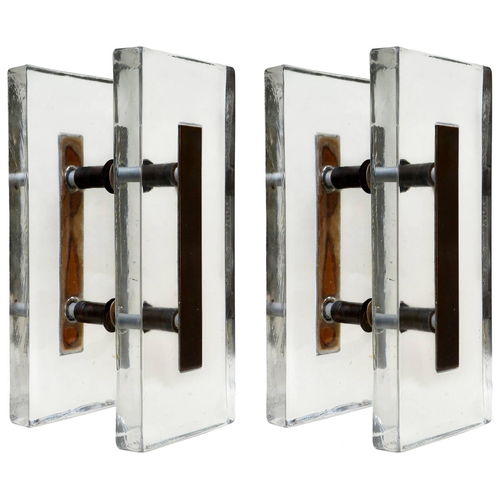 Double Pair of Large Clear Glass and Bronze Push and Pull Door Handles