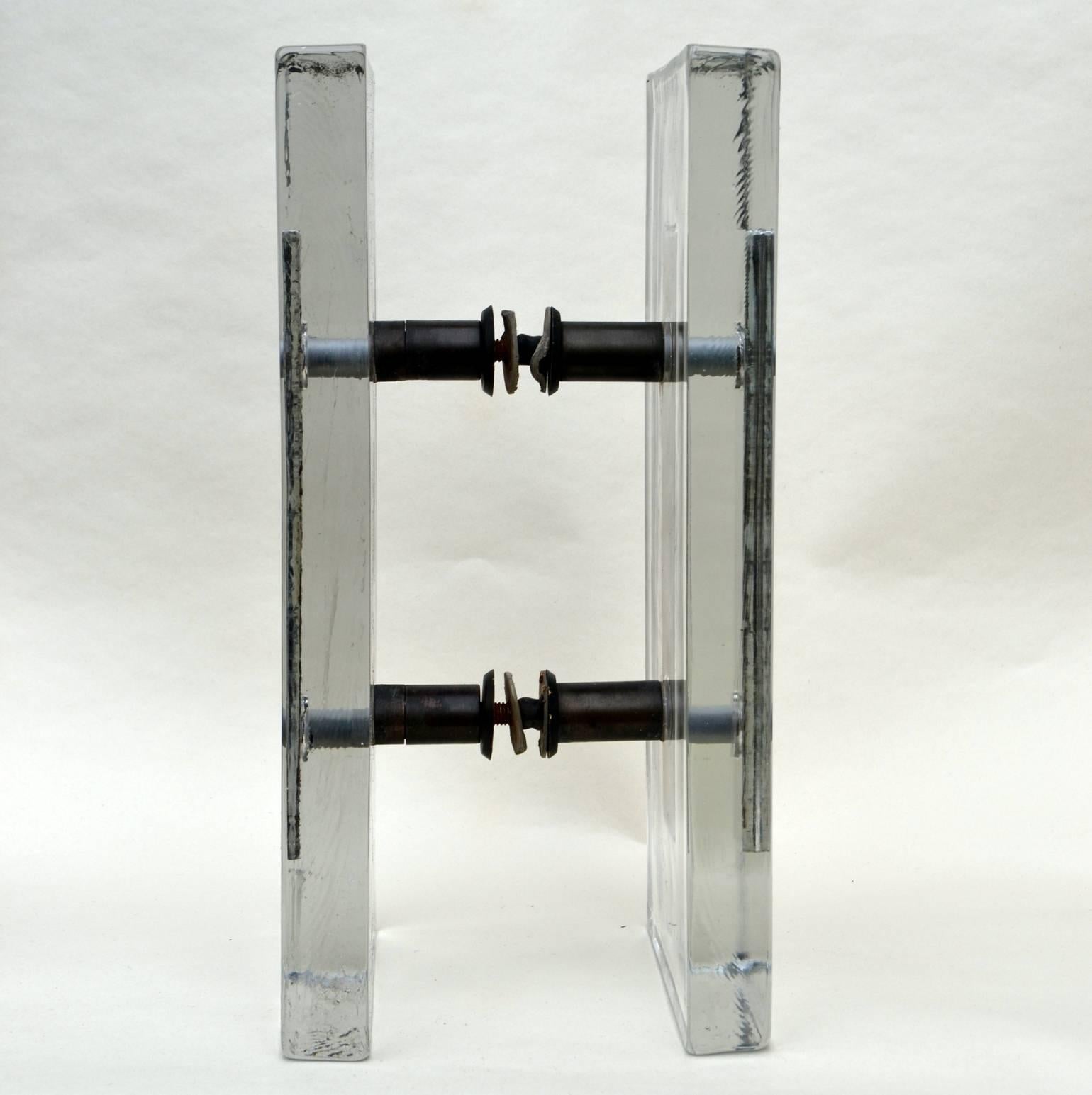 Italian Double Pair of Large Clear Glass and Bronze Push and Pull Door Handles