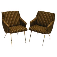 Poltrone francesi in stile Mid-Century Modern con gambe in ottone e tessuto nero