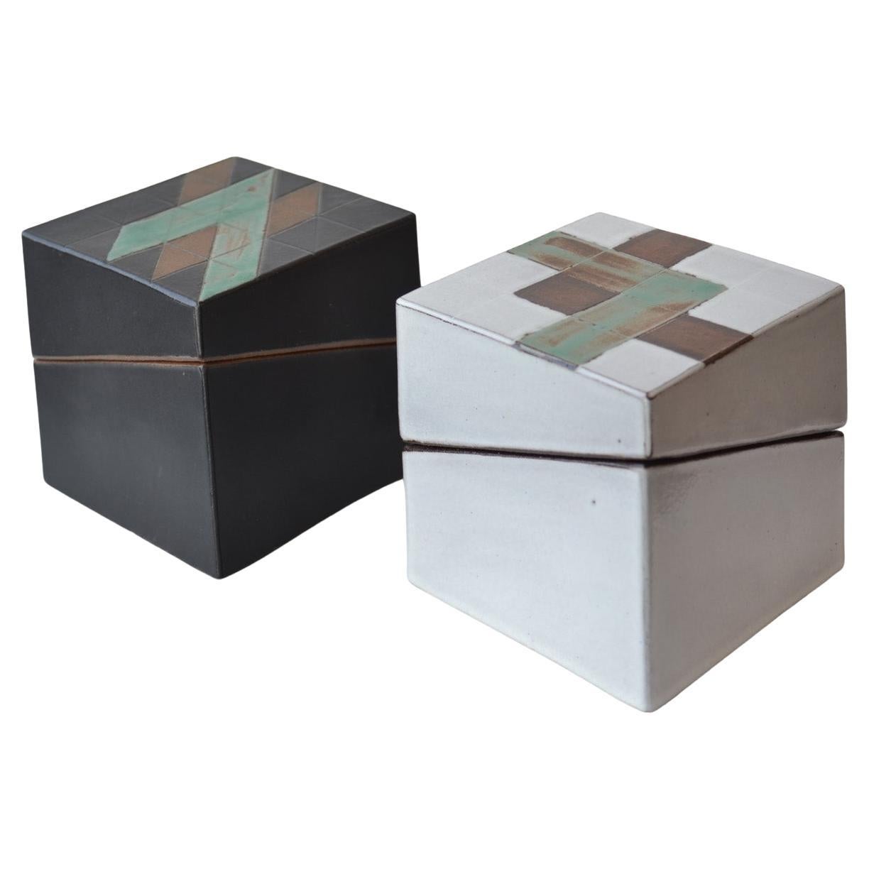 Pair of Square Geometric Ceramic Boxes in Black and White For Sale