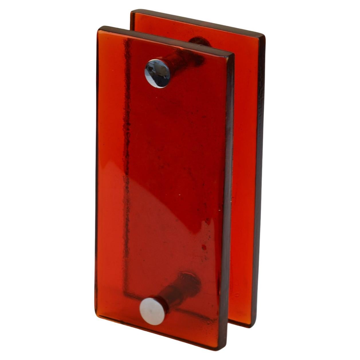 Two pairs of double door handles, push and pull, rectangular vibrant red cast glass with chrome fittings designed for a glass or wooden doors but suitable for any kind of doors. The glass slabs are cast by directing molten glass into a mold where it