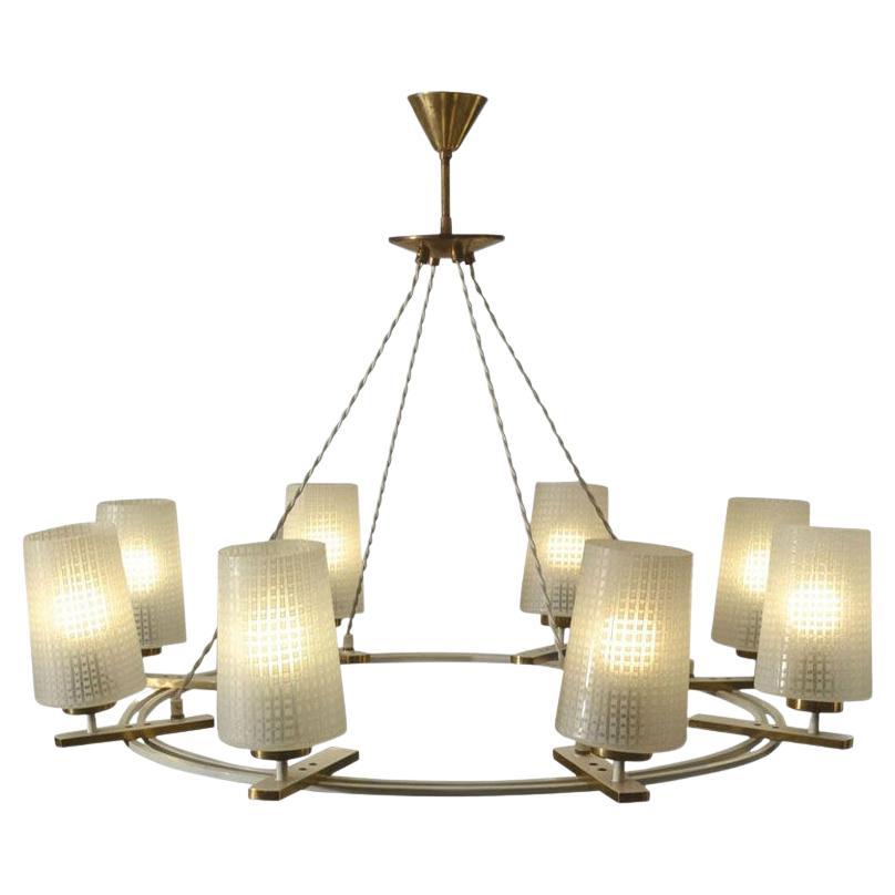 Large 1950s Chandelier with Opalescent Shades on Brass and Cream Frame