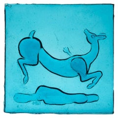 Aqua Blue Molded Glass Tile of Gazelle, Venini 1930, Signed by Martinuzzi