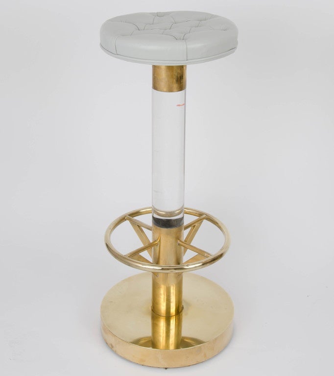 Pair of French Bar Stools in Brass Lucite and Leather