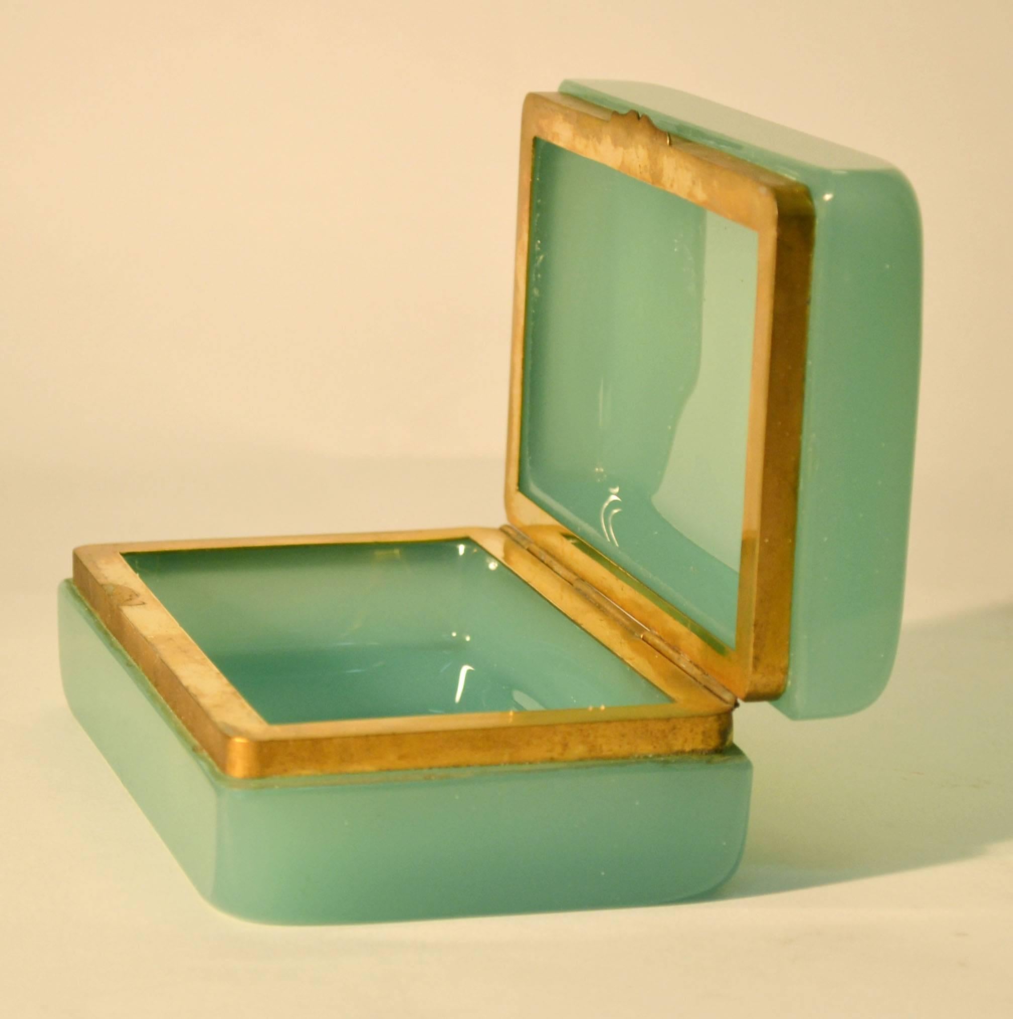 Pale jade opaline glass and brass hinged trinket box by Fratelli Ferro, Murano.