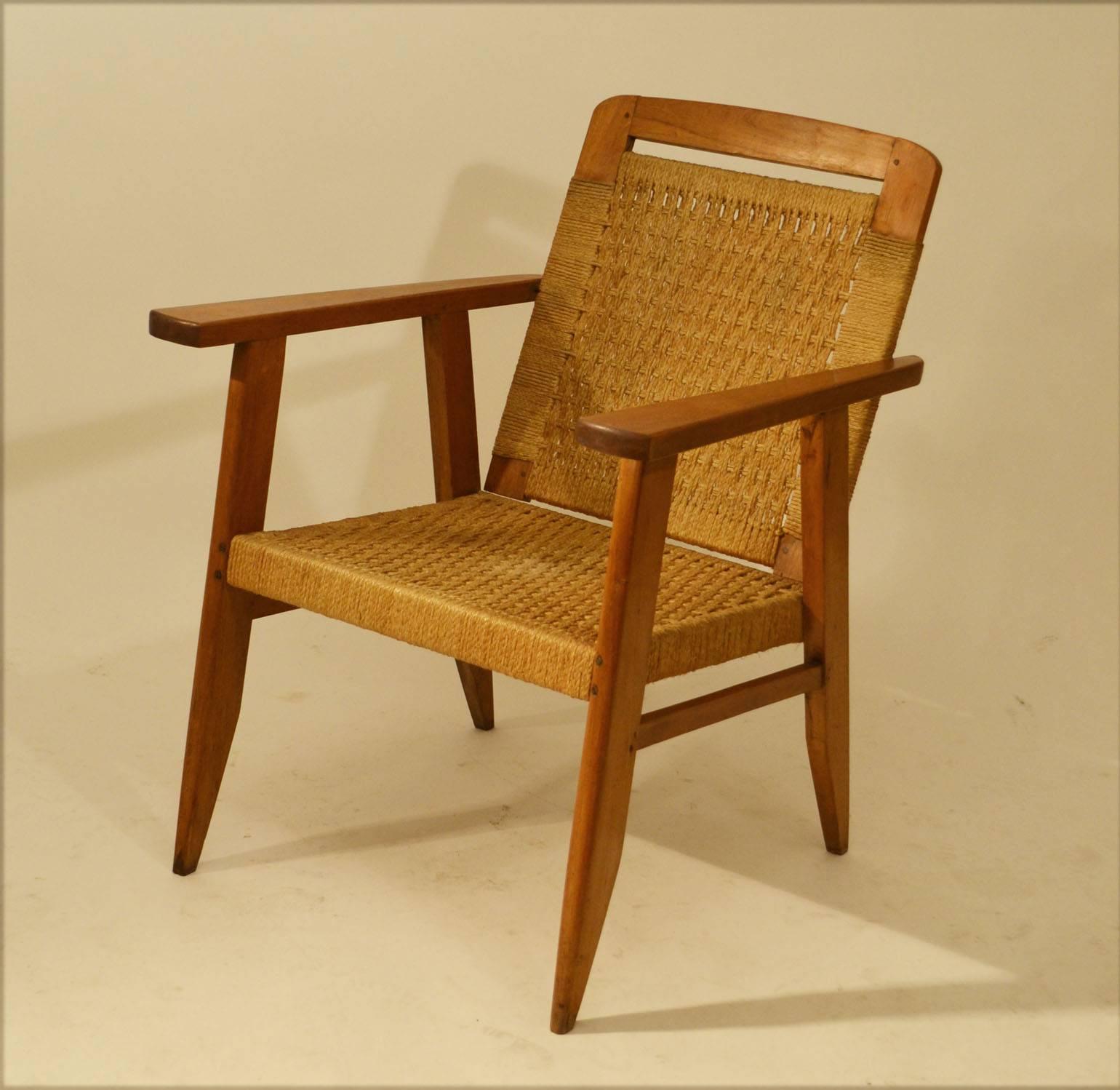 French Pair of Oak and Rush Lounge Chairs by Rene Gabriel