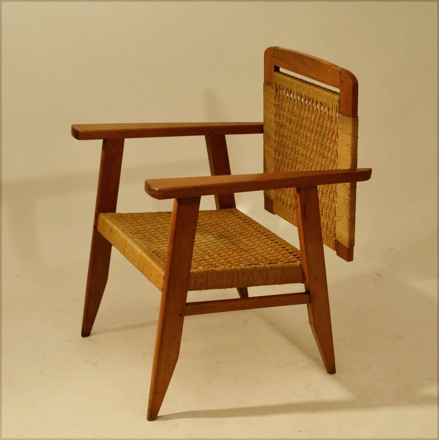 Pair of Oak and Rush Lounge Chairs by Rene Gabriel In Excellent Condition In London, GB