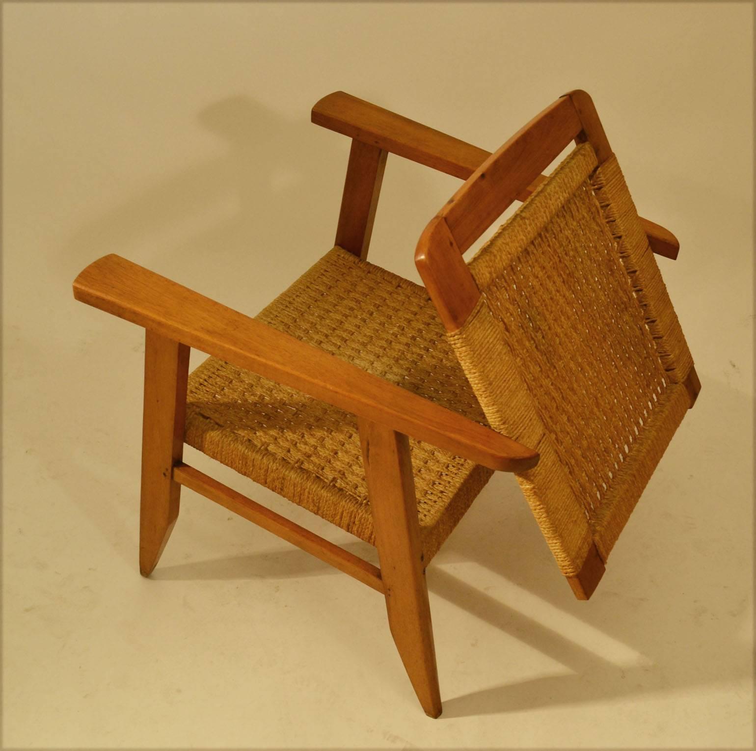Pair of Oak and Rush Lounge Chairs by Rene Gabriel 3