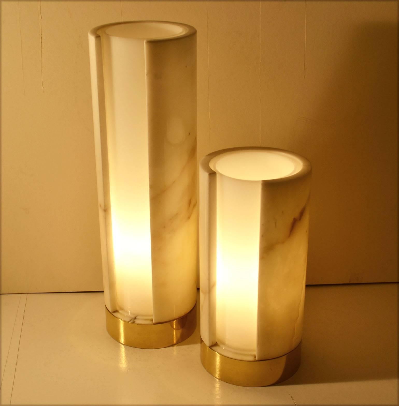 Two Marble Cylindrical Table Lamps on Brass Feet 1