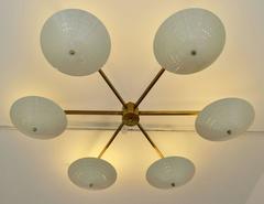 Large Italian Brass & Cream Shade Starburst Flush Mount Chandelier
