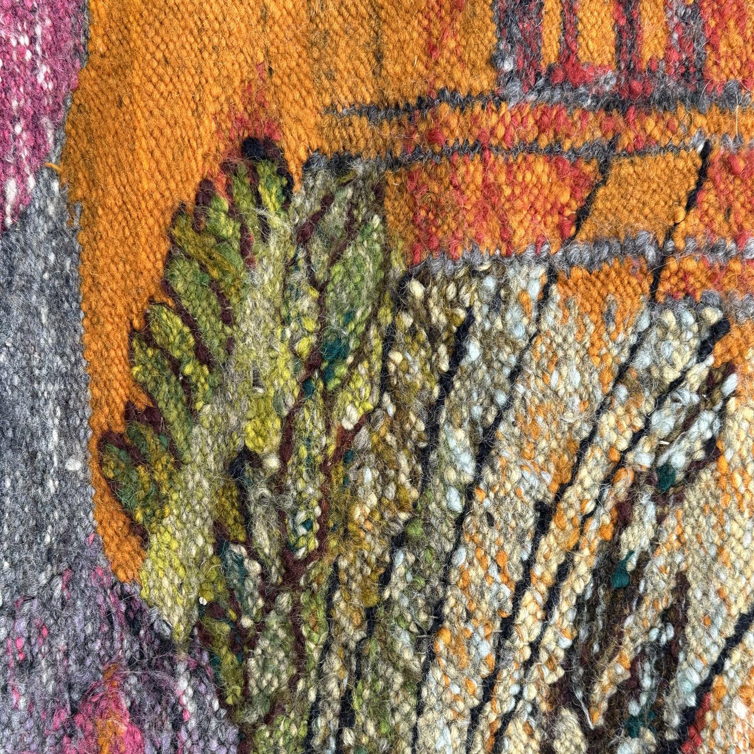 Goblin tapestry named 'Wakacje' (meaning; Holidays) is designed by Boruck for Pilsko and woven by Tomaszek, Slonka, Poland 1955. This colourful goblin appears a pictorial abstraction of the countryside with a view on the trees and houses in the