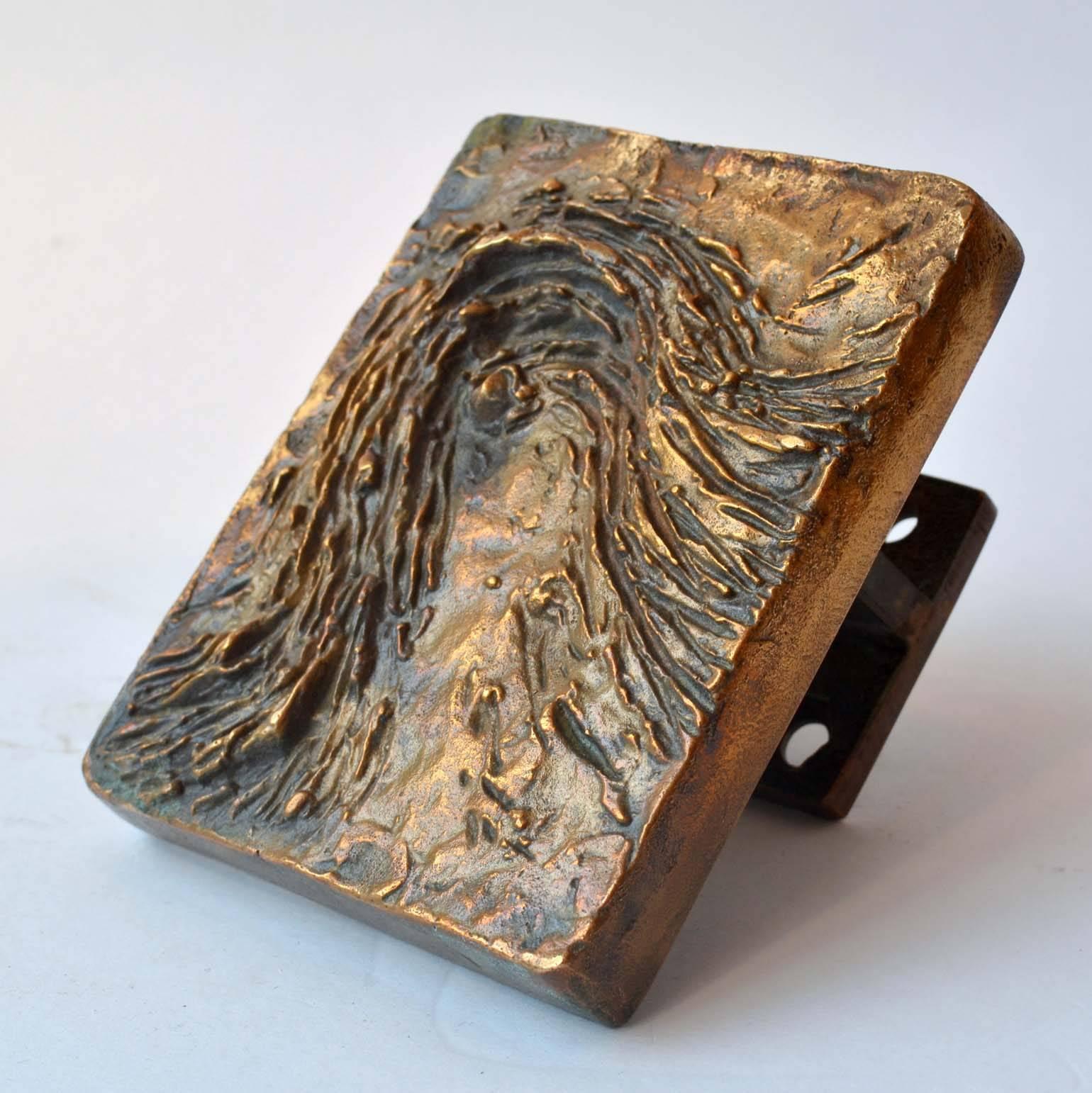 Artistic bronze cast door handle with a textural relief like a wave, suitable for push and pull doors.