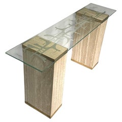Unique Mid-Century Console Table with Engraved Abstract Expressionist Glass Top