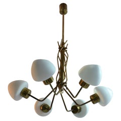 Stilnovo style 1950's Opaline and Brass Italian Chandelier