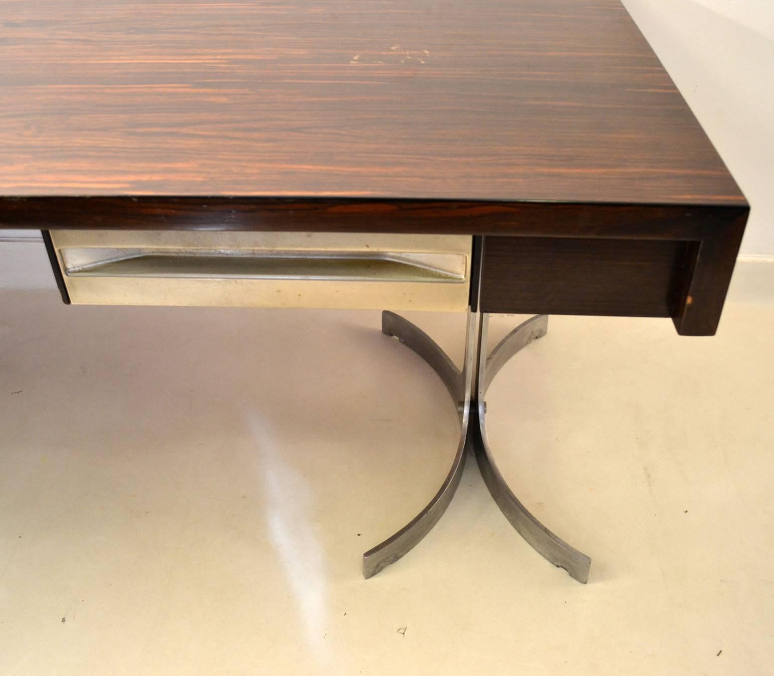 Mid-Century Modern Large 1960s Executive Desk  by Trau, Italy with Wooden Top on Curved Metal Legs 