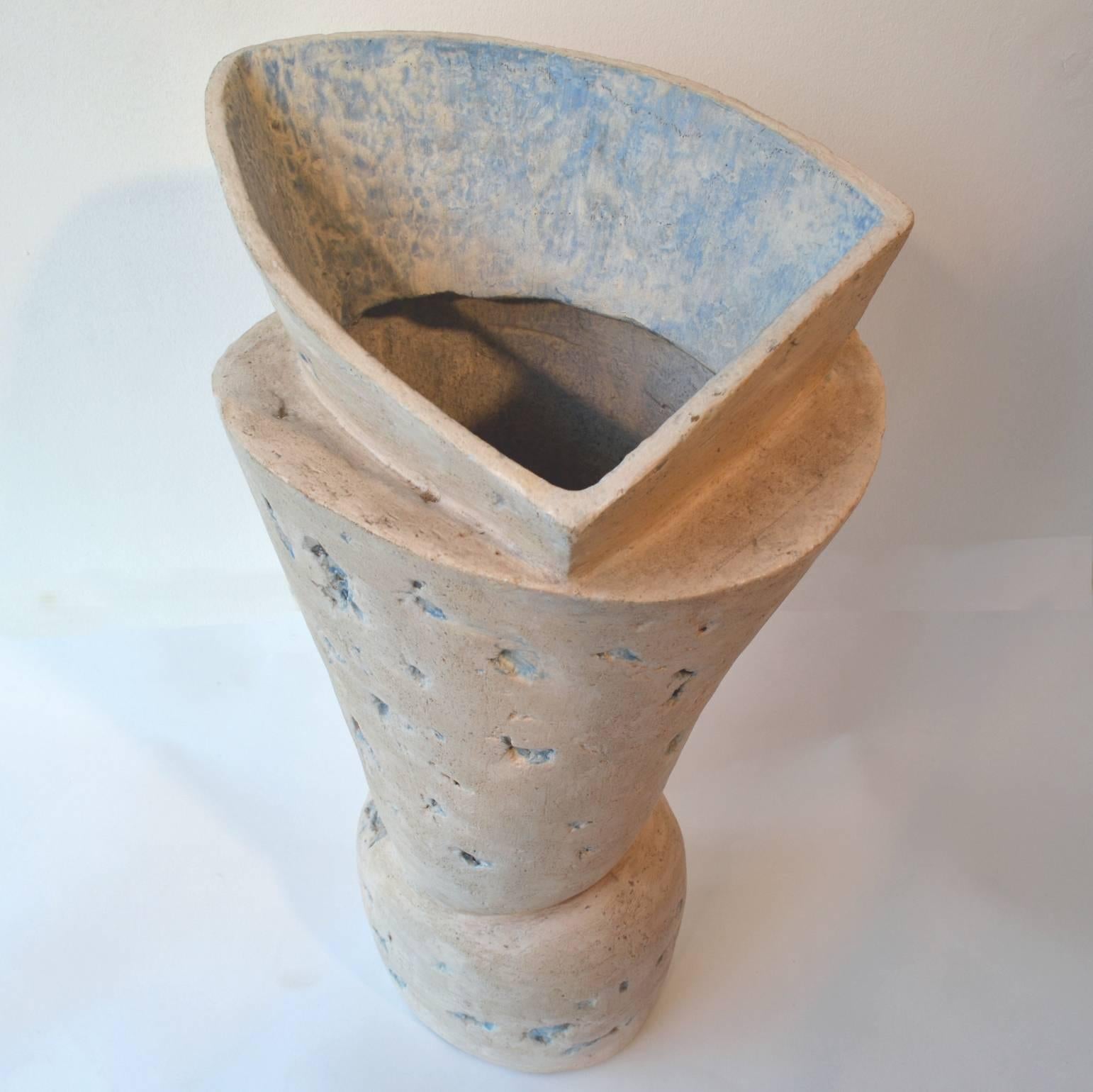 Hand-Crafted Dutch 1960s Sculptural Ceramic Vessel in Cream and Blue by Schalling