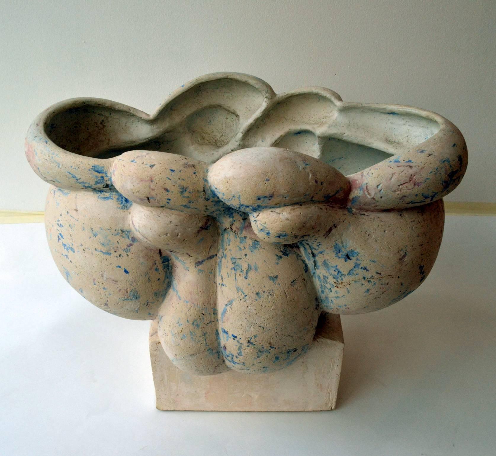 Hand-Crafted Sculptural Ceramic Vessel by Willem Schalling  in Cream and Blue