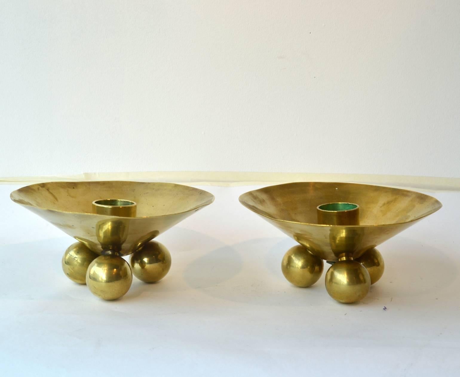 1950s Candlesticks Pair of Brass with Ball Legs In Excellent Condition In London, GB