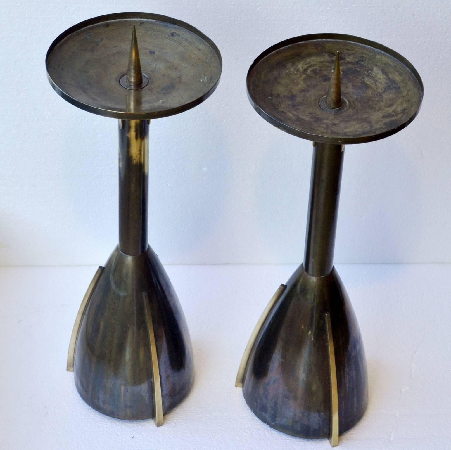 Monumental 1930's candlestick patinated bronze and brass from Belgium or the Netherlands. Suitable as floor candle holder. Hand made bees wax candle available on request.