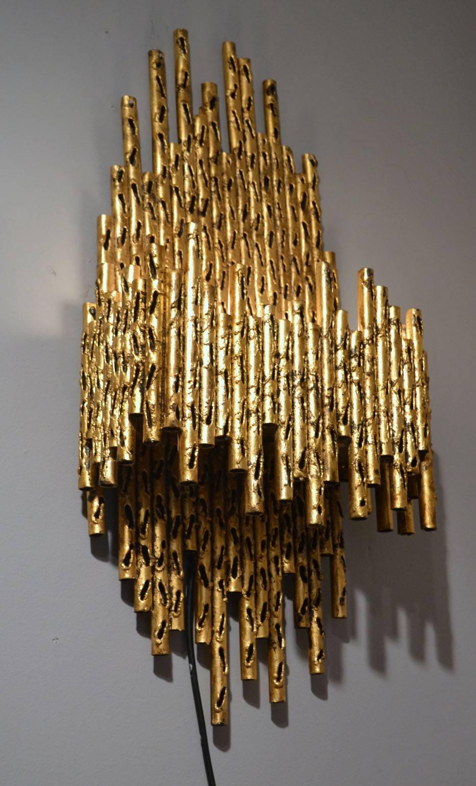 Italian Pair of Gilded Metal Brutalist Wall Sconces by Fantoni Italy