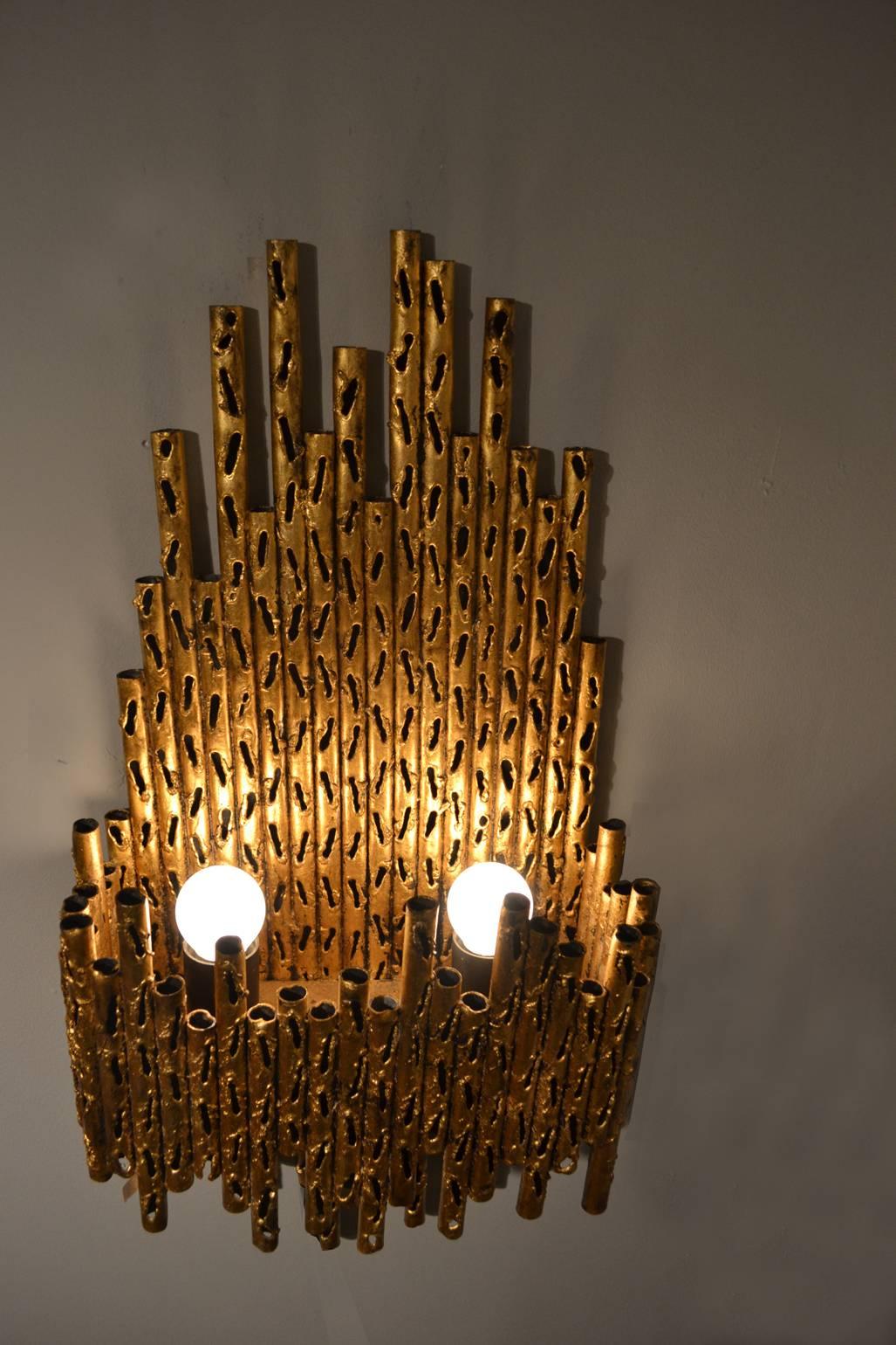 Pair of Gilded Metal Brutalist Wall Sconces by Fantoni Italy 1