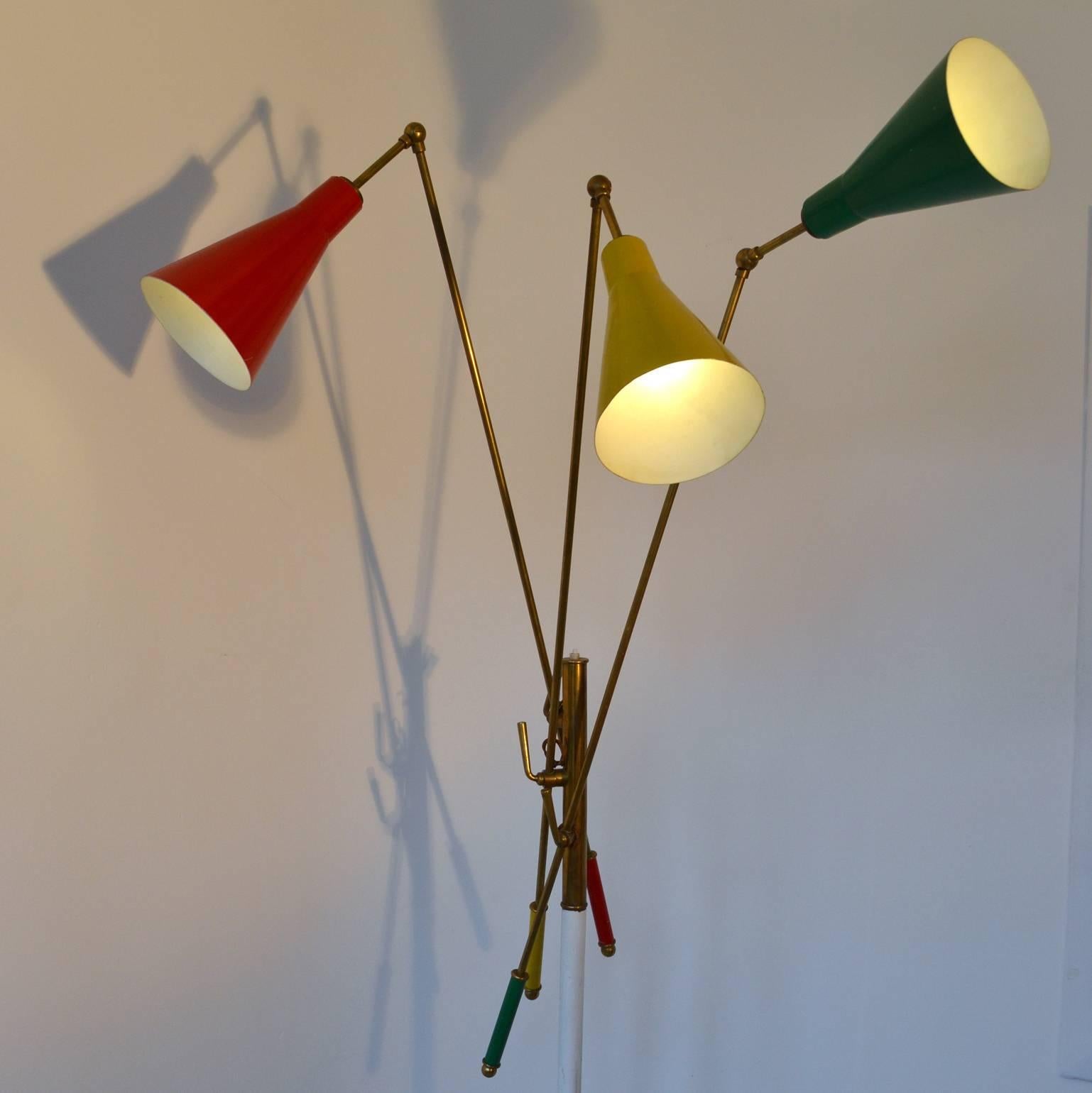 Brass 1950s Italian Multi-Colored Modernist Floor Lamp in the Style of Arredoluce