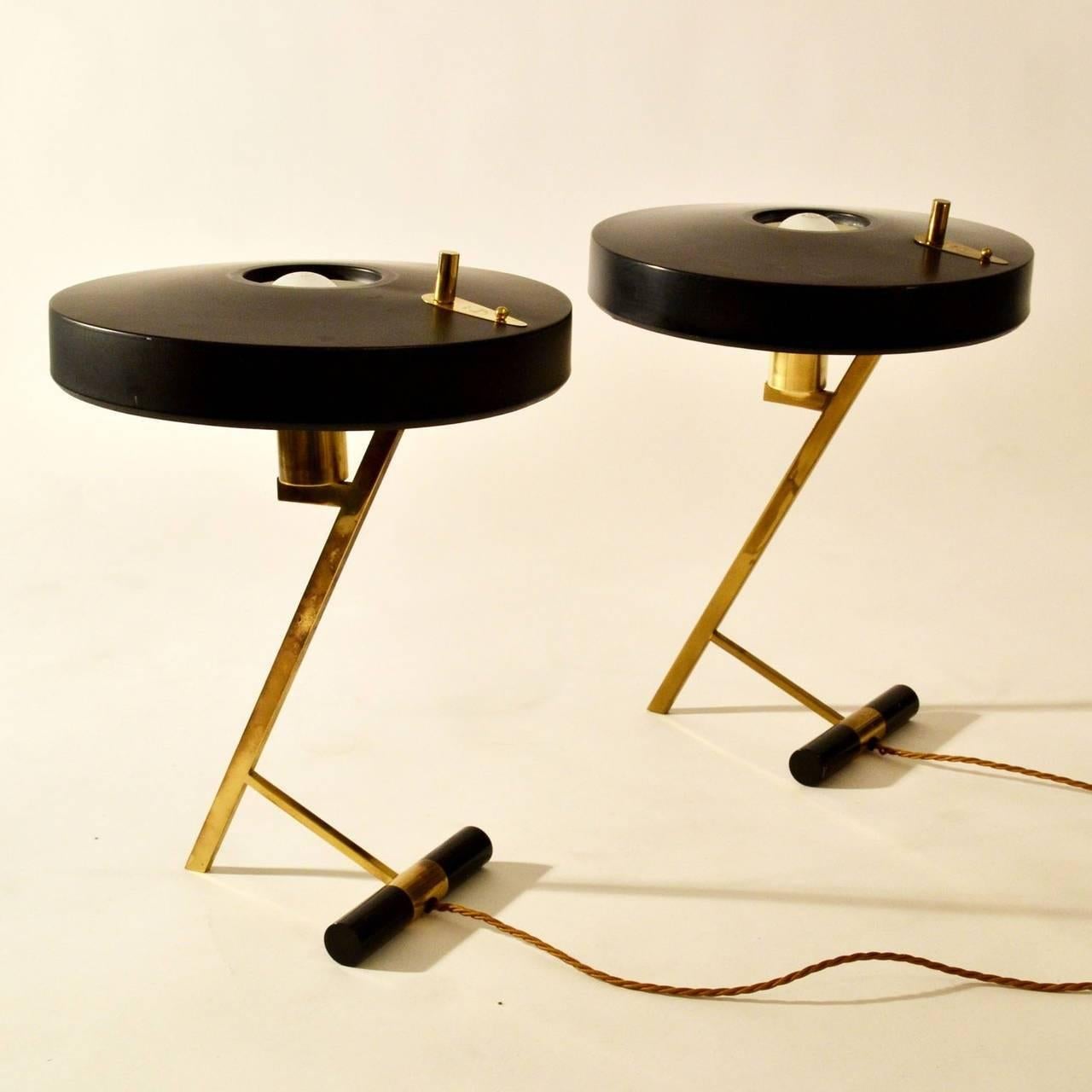 Mid-Century Modern 1950s Pair of Philips Table Lamps by Louis Kalff with Black Shades