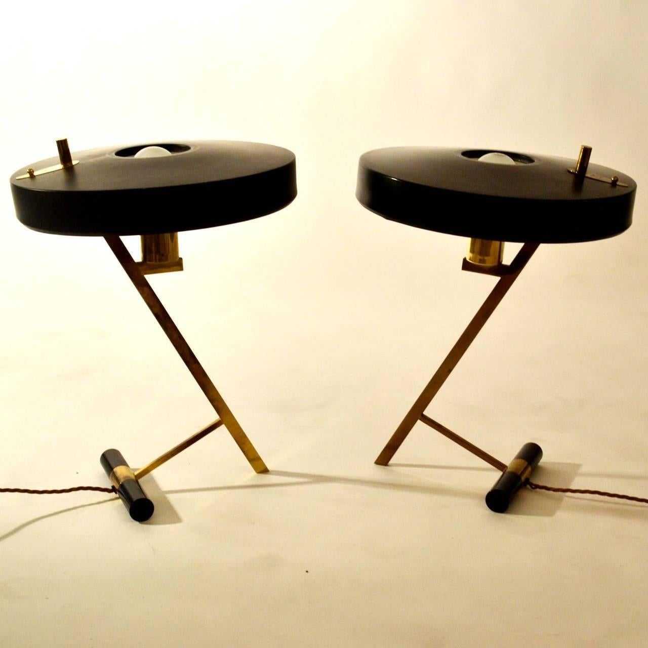 Dutch 1950s Pair of Philips Table Lamps by Louis Kalff with Black Shades