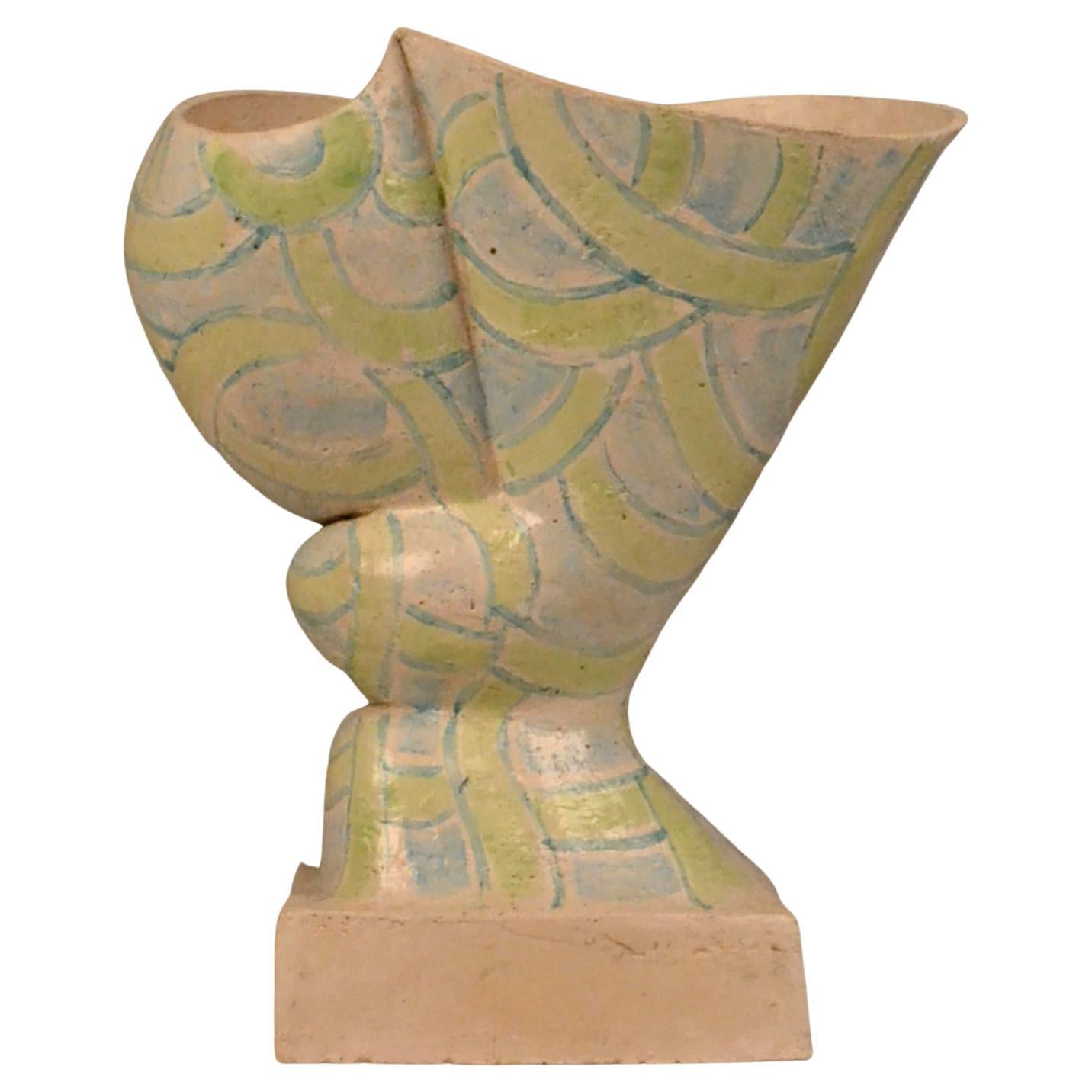 Mid-Century Modern Sculptural  Vessel with Light Green and Blue Patern by W. Schalling, Netherlands For Sale
