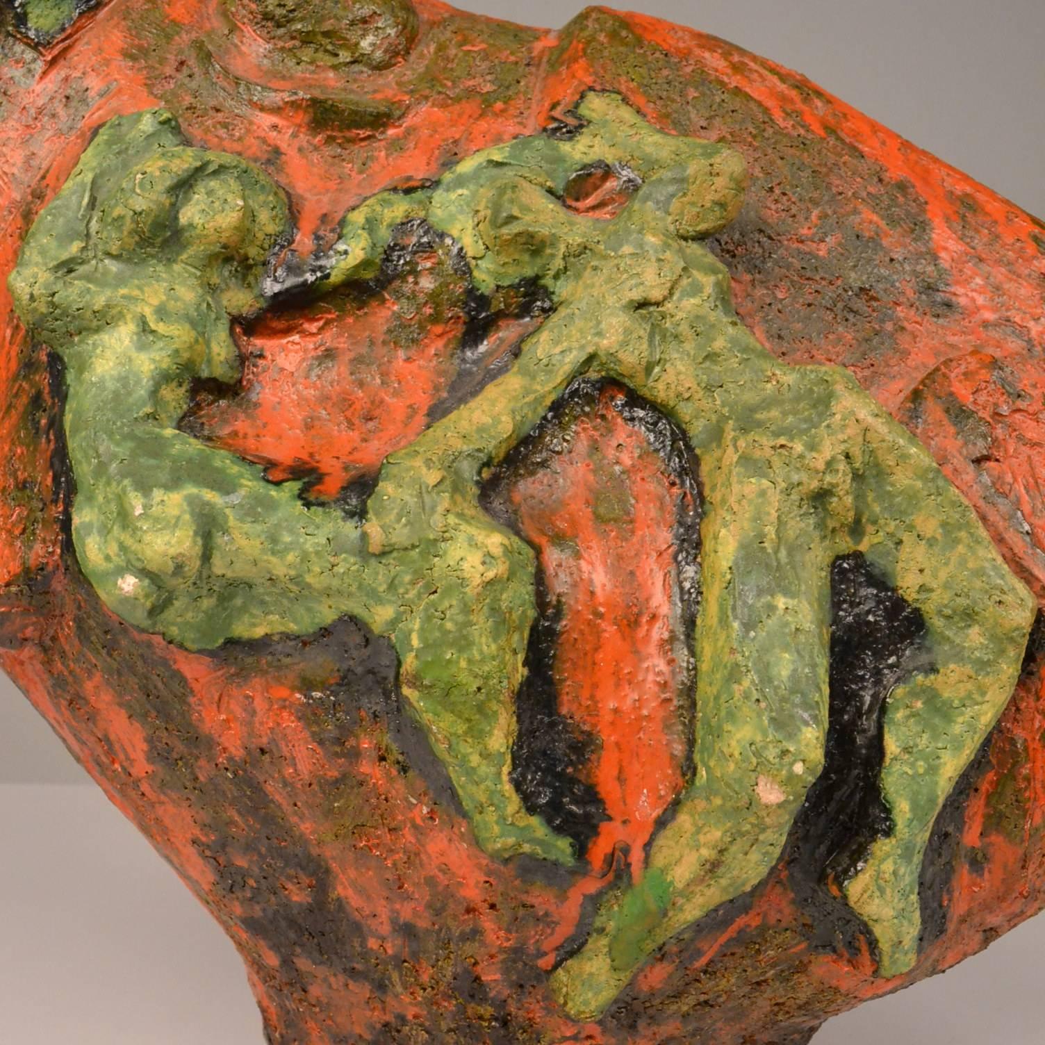 Glazed Large Expressionist Ceramic Bird Sculpture with Dancing FiguresDutch Cobra Style