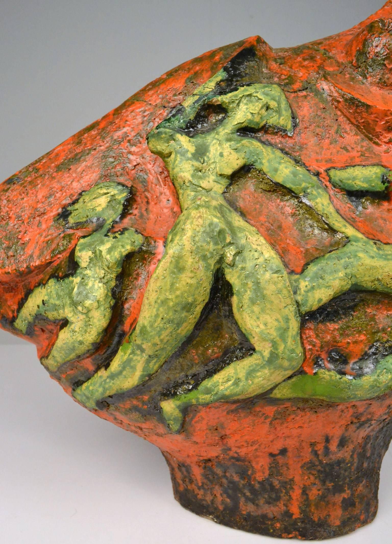 20th Century Large Expressionist Ceramic Bird Sculpture with Dancing FiguresDutch Cobra Style